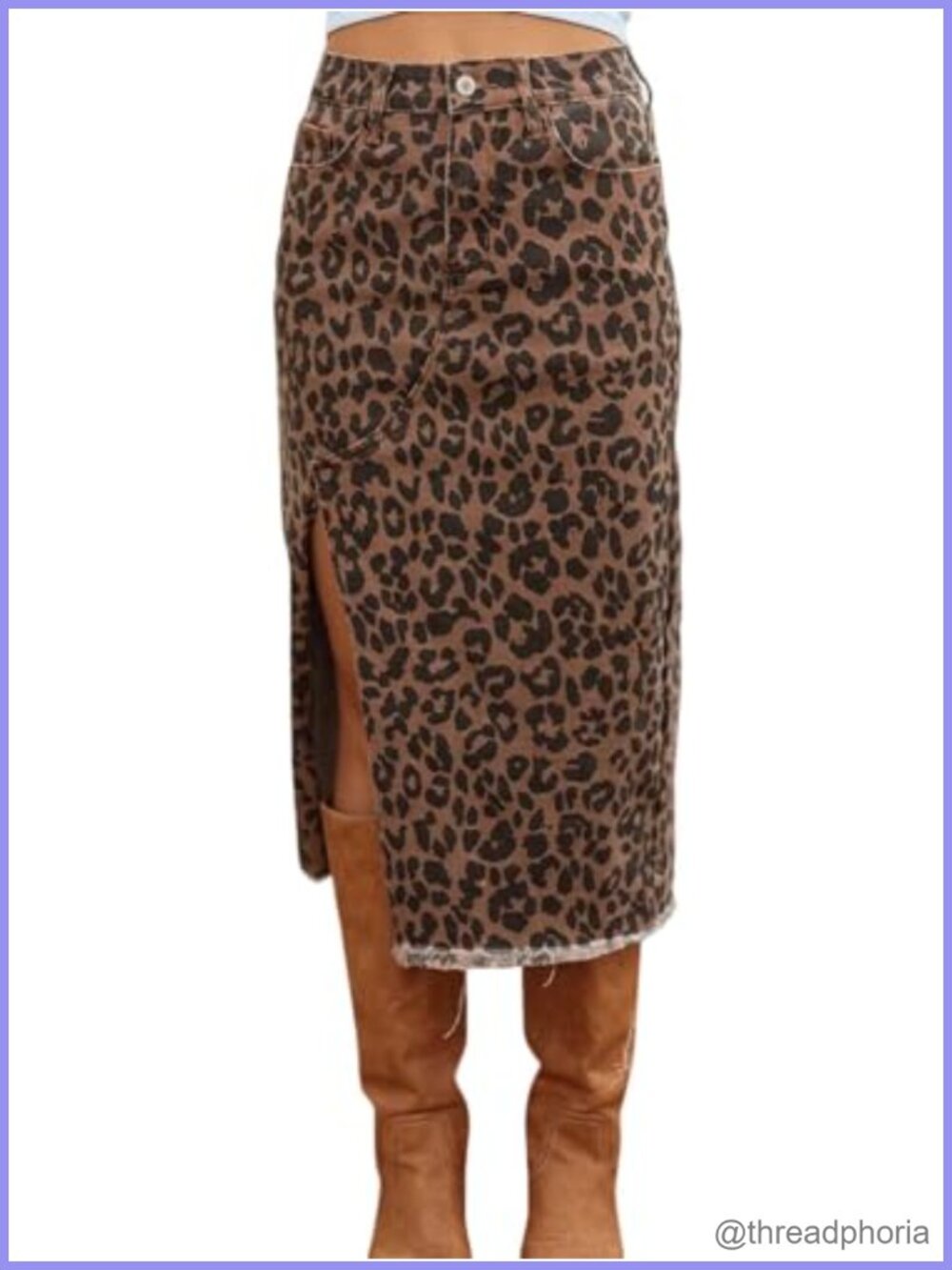 Leopard Print Denim Midi Skirt High Waisted Side Slit Cotton Blend